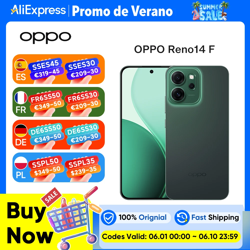Version européenne du smartphone OPPO Reno14 F 5G, écran 6,57 pouces, Snapdragon 6 Gen 1, batterie 6000 mAh, appareil photo 50 Mpx, eSIM, NFC, GLONASS