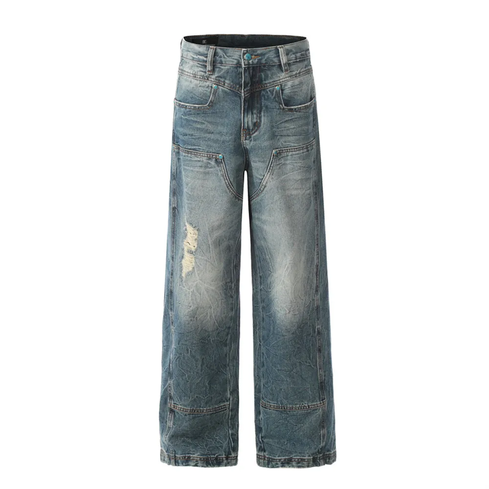 Zerrissene Doppelknie-Jeans für Herren, gewaschen, Distressed, locker, gerade, weites Bein, gespleißte Denim-Hosen für Herren – Detail 3