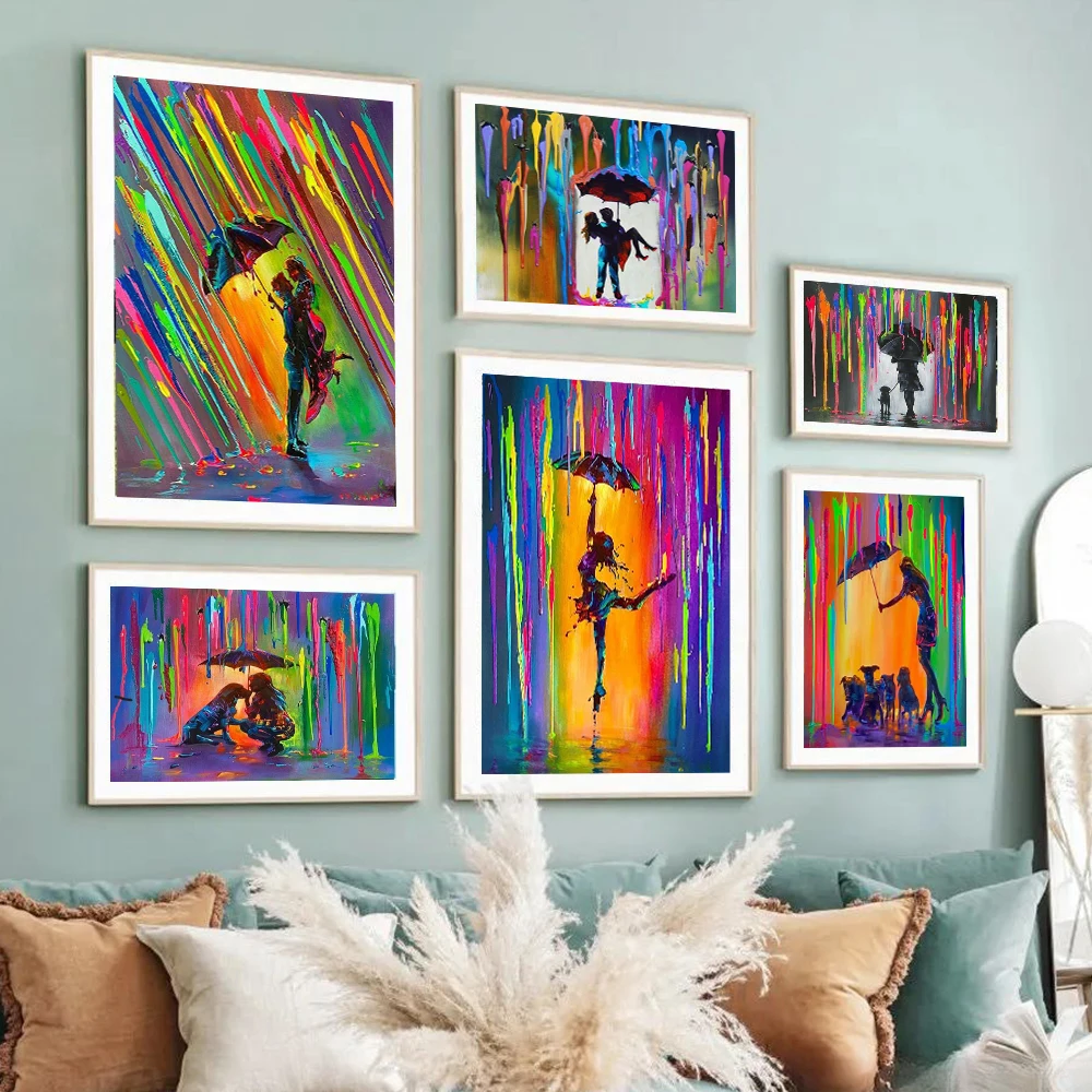 

Abstract Canvcas Painting Wall Art Romantic Lovers Under The Rainbow Rain Canvas Poster Prints For Living Room Home Decor