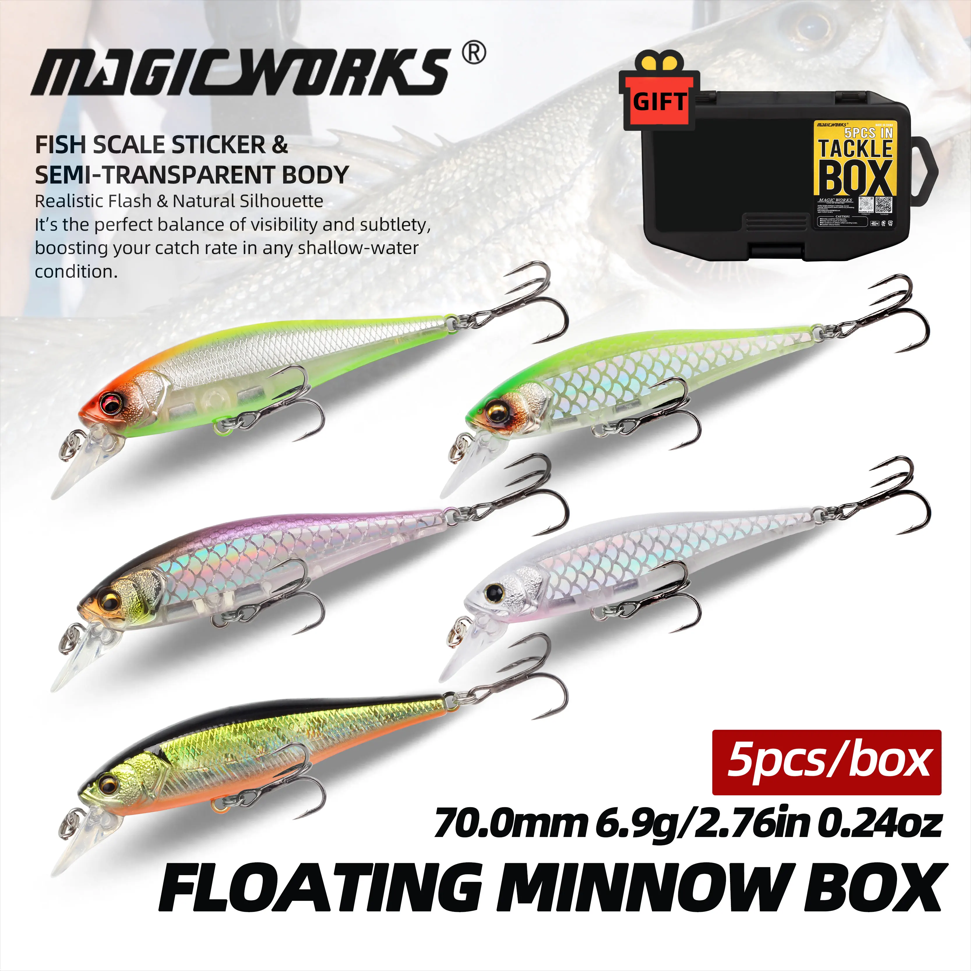 

Набор из 5 воблеров Magic Works Minnow, 70 мм, 6,9 г, плавающие, жесткие приманки с реалистичным плаванием для ловли баса, щуки, форели, рыболовные аксессуары