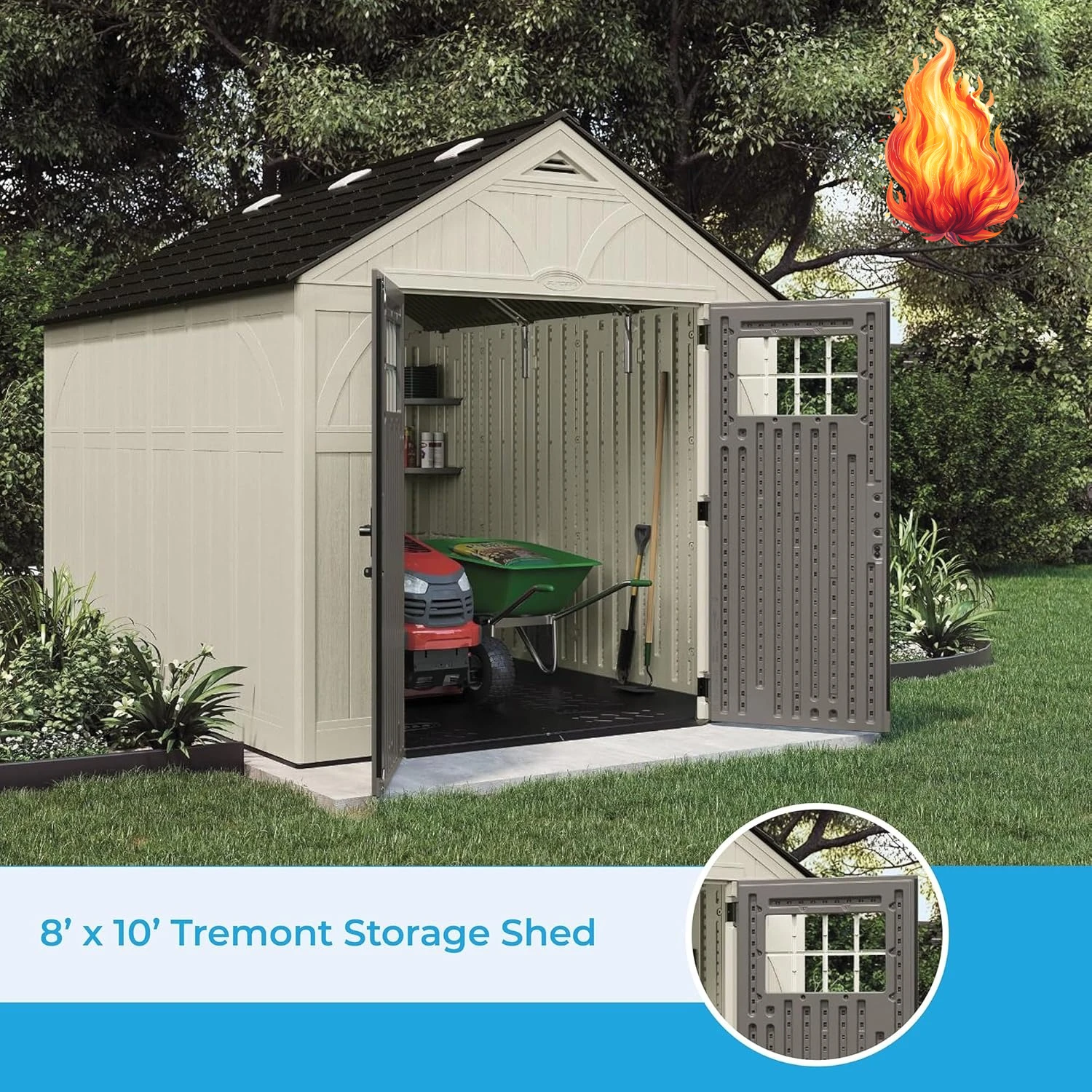 

8x10 Ft. Outdoor Storage Shed - Large Resin Outdoor Shed with Floor Included, Lockable Double Doors & Skylights. 547 Cu Ft