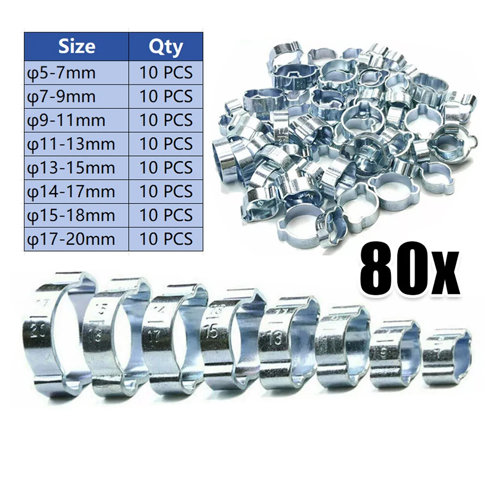 80Pcs Double Ear O Clips Automotive Air Fuel Hose Pipe Crimp Clamps Hose Fasteners