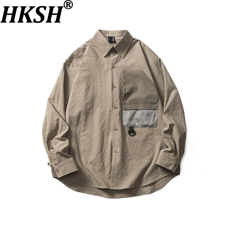 HKSH Spring Autumn New Men Tide Chic Bubble Wrinkle Plaid Color-Block Pocket Waterproof Outdoor Shirt Trendy Brand Shirt HK27545