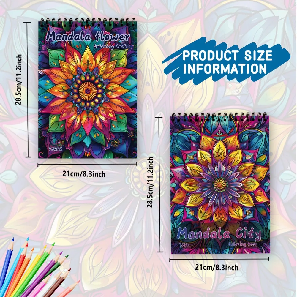 2Pcs,Mandala  Book, Adult Coloring Book, Fun  Book, 11.2x8.26 Inch 30 Page Spiral Coloring Book-100g Heavy Paper