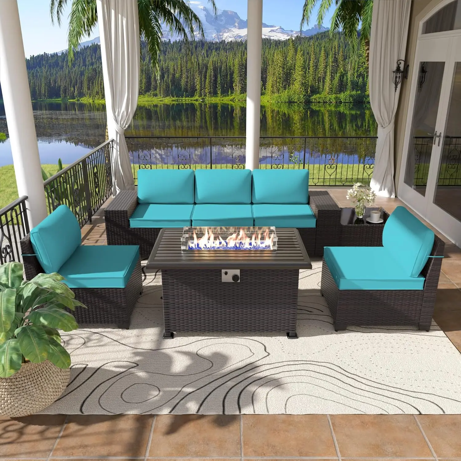 

7 PCS Patio Furniture Set,Outdoor Sectional Sofas Outdoor Furniture 55000BTU Fire Pit Table Patio Conversation Sets w/5 Cushions