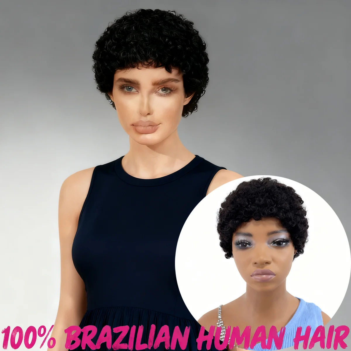 African Natural Black Short Pixie Cut Curly Wig Natural Look Afro Curly Pixie Cut Full Machine Made Human Hair Wig YZ-3033