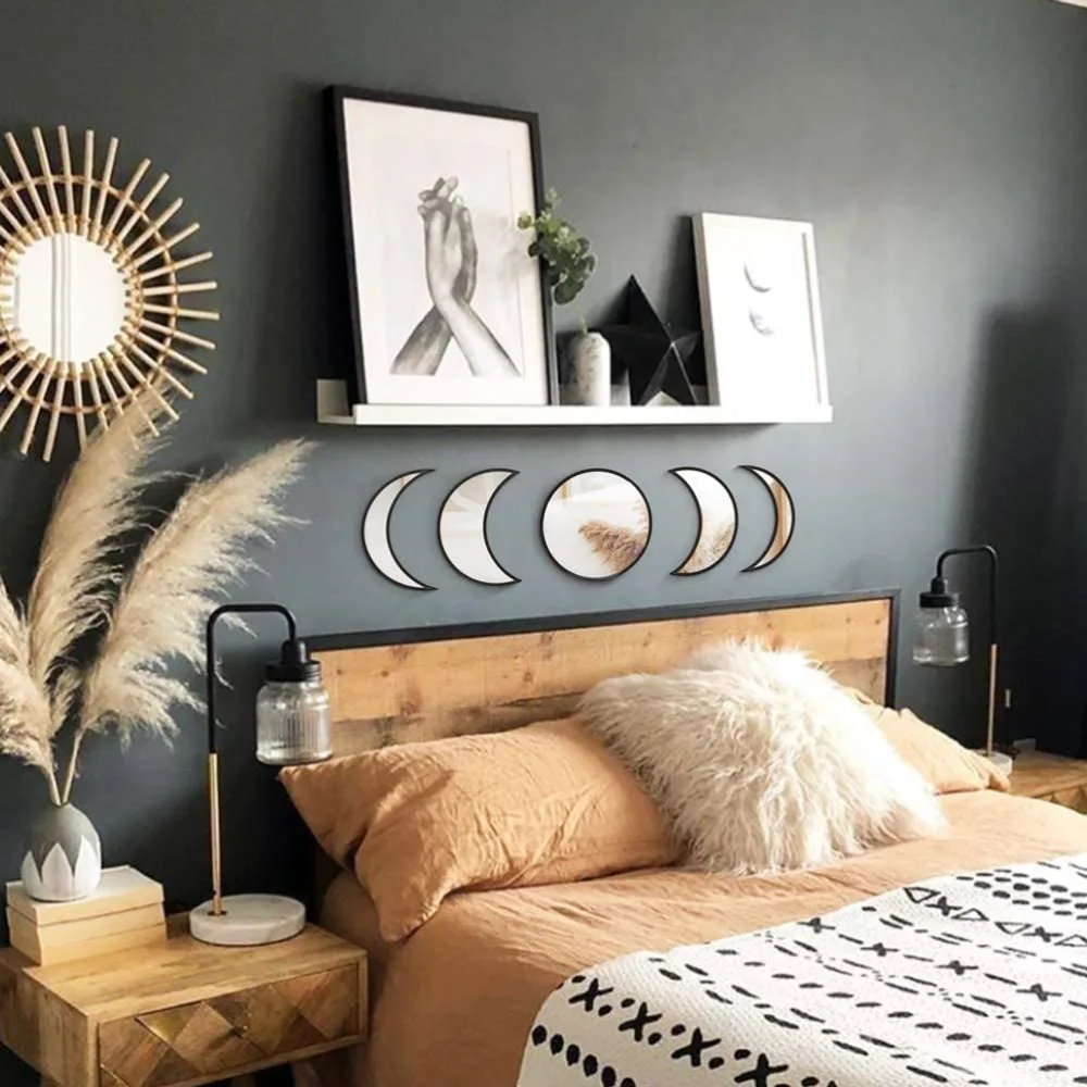 5 Pieces Set Moon Phase Mirror Scandinavian Style Wooden Frame Acrylic Wall Decor Acrylic Material Natural Decor