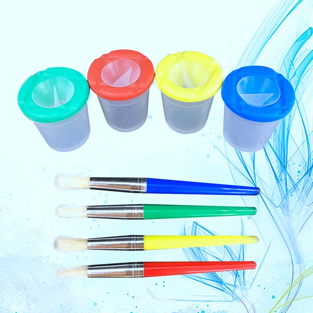 4pcs Washable Paint Cups Assorted Color Brush Set Premium Bristle Hair Painting Hobby Beginner Drawing Tools Art