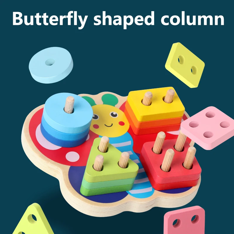 Wooden Butterfly Shape Sorter Toy, Geometric Peg Stacking Matching Board, Color Recognition Educational Learning Toy for Kids  S