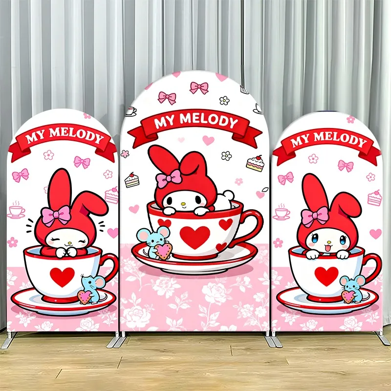 2D Flat Arch Backdrop Cover Single Layer Non-Stretch Fabric My Melody Tea Party Background Banner Set with Cup and Mouse Motif