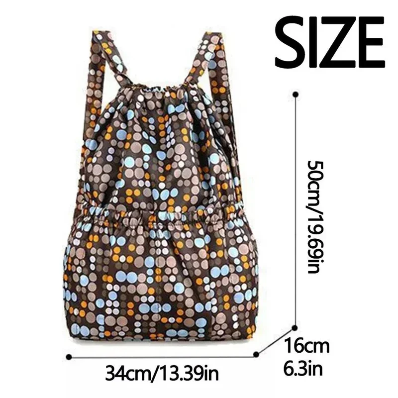 Women Printed Shoulder Bag Large Capacity Drawstring Backpack Lightweight Nylon Wearable Outdoor Travel Hiking Bag Shopping Bags