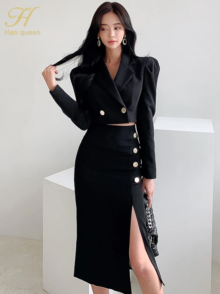 H Han Queen Hot Sale Spring Autumn 2 Pieces Set Women Cropped Blazer + Fork Pencil Skirts Casual Simple Office Lady Skirt Suit