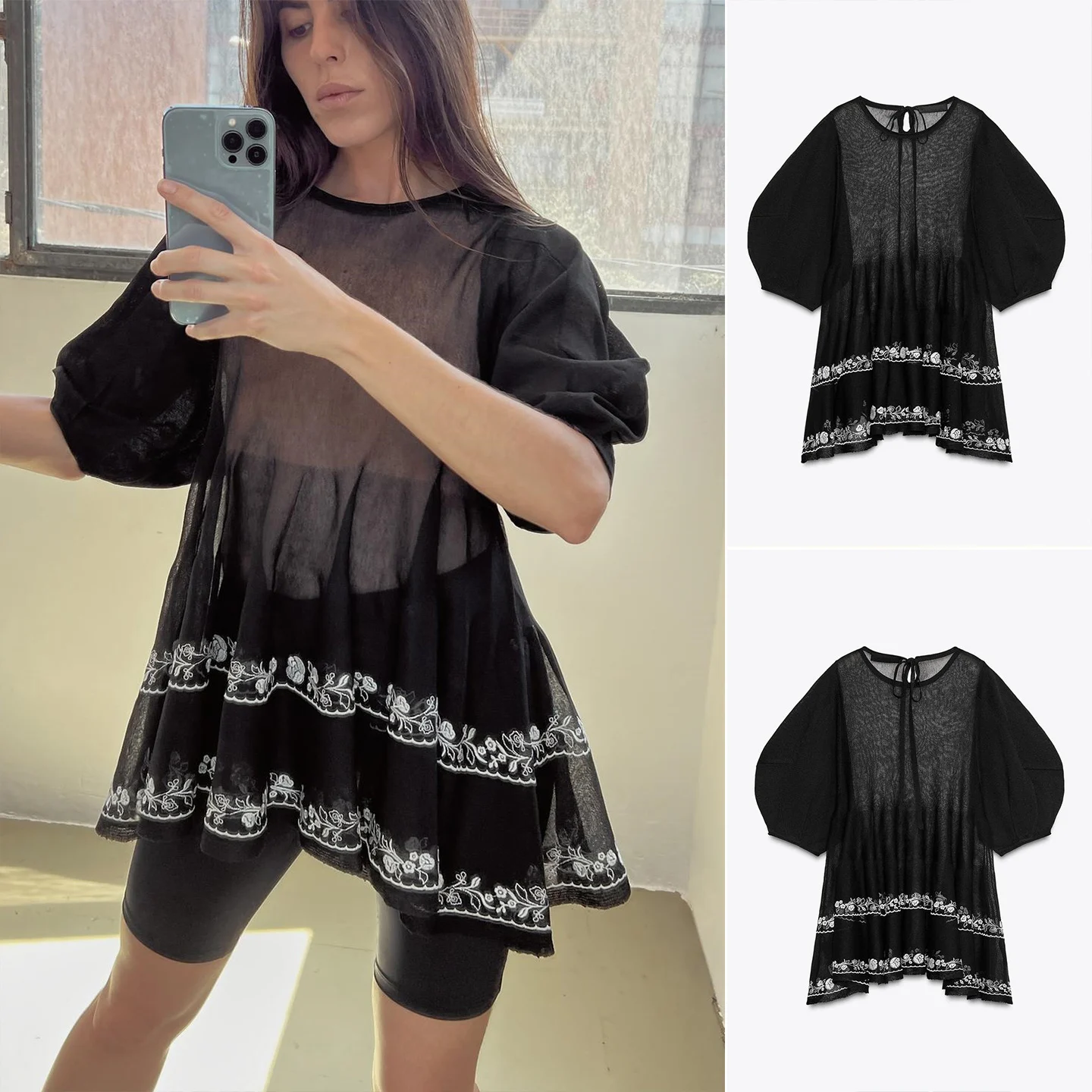 

Summer New Women's Comfortable ort Sve Long irt Embroidery Contrast Color Stitching Bubble Sve Loose Fit round Ne...