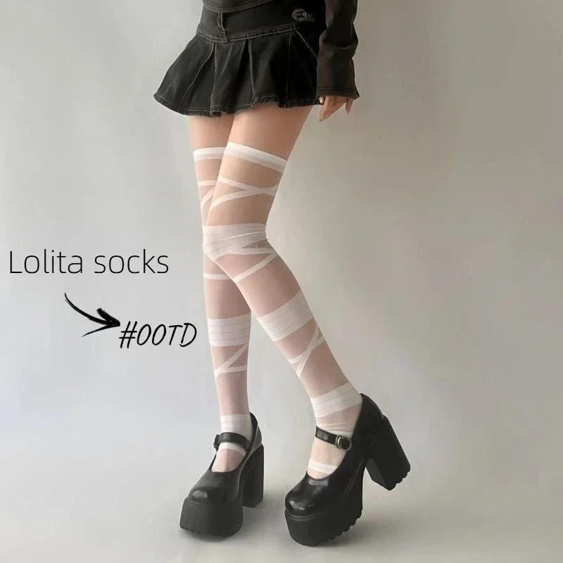 White Strap Stockings Lolita Socks Subculture Long Leg Knee High Fishnet Stockings for Fashionable Legwear