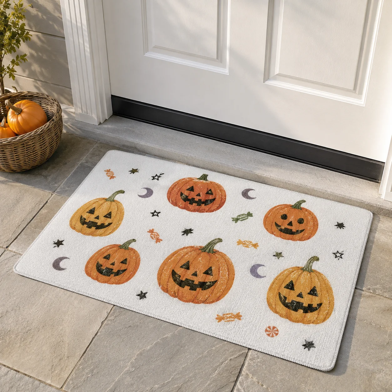 Custom Halloween Anti‑Slip Quick‑Dry Doormat Cute Retro Pumpkin Candy Welcome Rug Floor Mat for Porch Entrance Holiday Decor