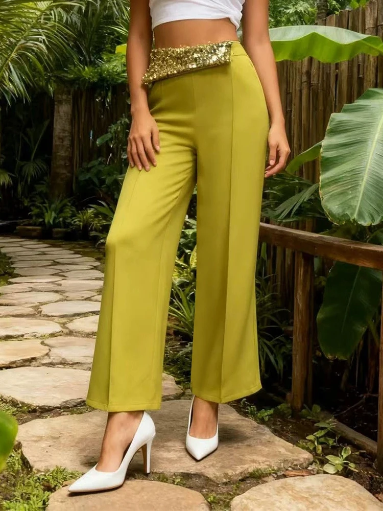 エレガントな無地ポケットストレートパンツ新しい女性カジュアルシンプルなパーティーロングパンツファッションスパンコールスプライスハイウエストパンツ