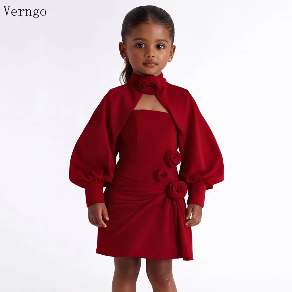Verngo Simple Burgundy Mini Girl Fowers Dress Crepe Red Pleated Birthday Party Dresses Long Sleeves Kid Outfits Customized