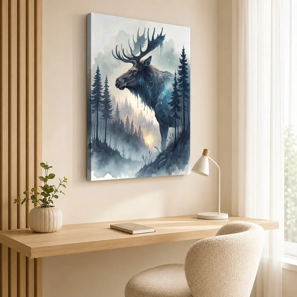 Majestic Moose In Misty Forest Canvas Poster Customized Photo Watercolor Wall Art For Reading Nook, Wildlife Enthusiast Gift