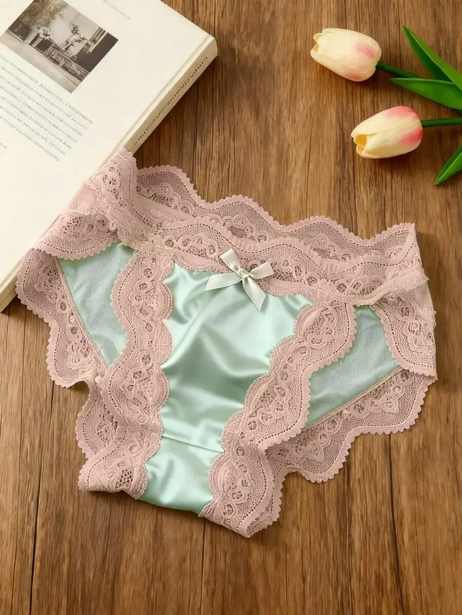 

Satin Womens Triangle Panties With Lace Trim And Bow Decoration Low Waist Solid Color