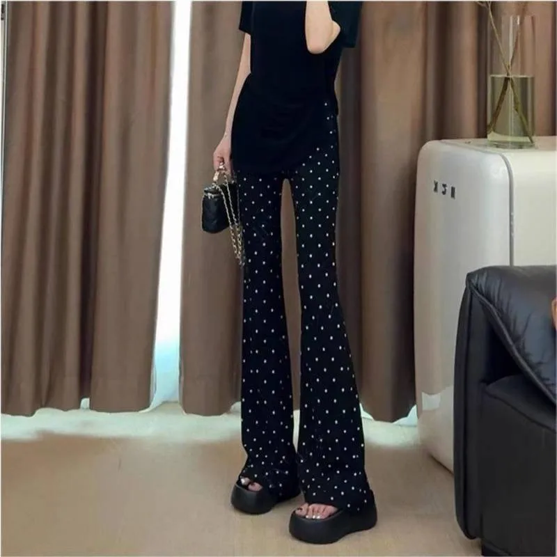 Bla 水玉プリント ハイウエスト 薄手 カジュアルパンツ レディース 春夏 着痩せ マイクロフレア 小さいサイズ ロングパンツ