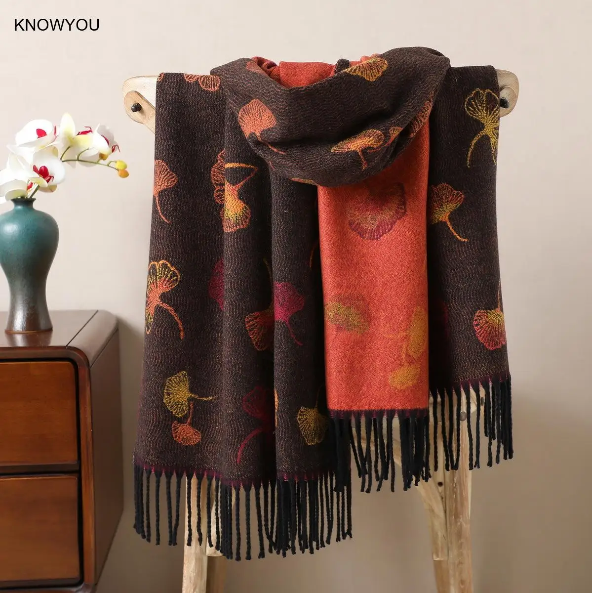 

Осень-зима 2025 г., элегантный двусторонний шарф с принтом, мягкая теплая шаль из пашмины с длинными кисточками, холодостойкое ветрозащитное одеяло