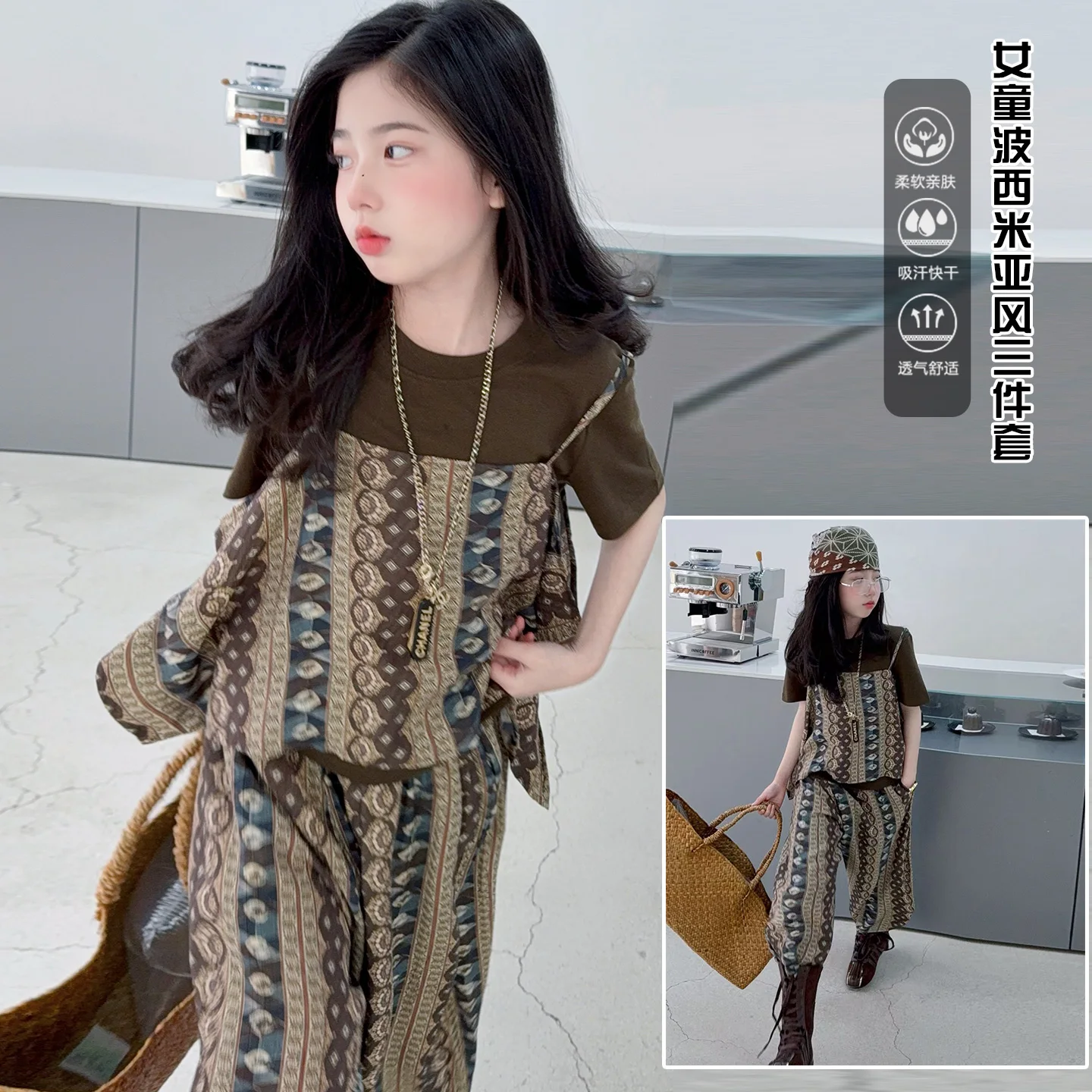 Classical Fashion Girls Summer 3-Piece Set Sleeveless Vest And Pants Outfit Princess Style Bohemian Style Wear for Ages 6-14Y