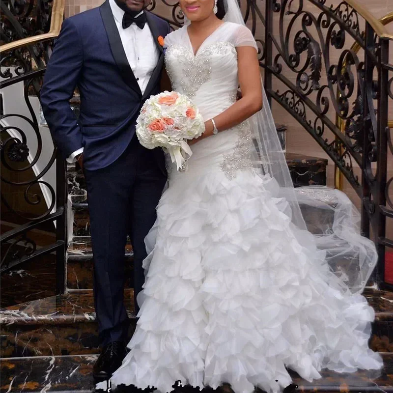 Customized African Mermaid Wedding Dresses For Women Puffy Skirt V Neck Backless Boho Vestidos De Noiva Plus Size White Bridal G