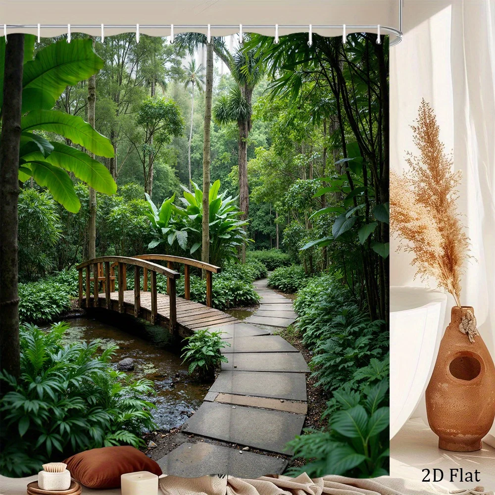 1pc a Garden-Themed Shower Curtain Featuring a Rustic Bridge And Tropical Foliage, Measuring 70.8 by 70.8 Inches, Complete with