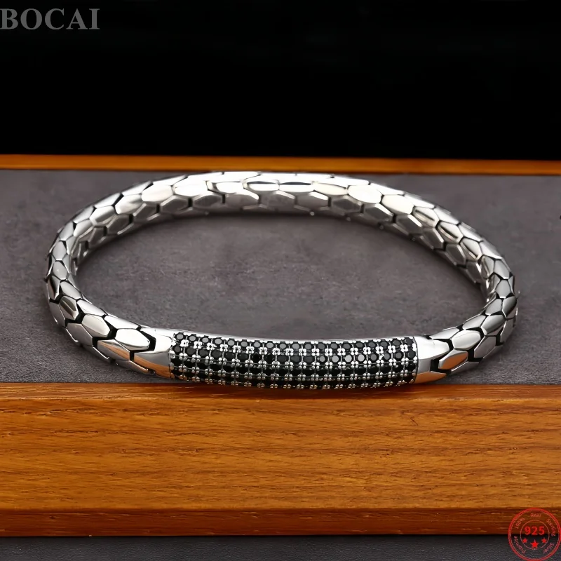 BOCAI New S925 Sterling Silver Charms Bangles for Men Antique Snake Pattern Inlaid Zircon Bracelets  Punk Fine Choice Jewelry