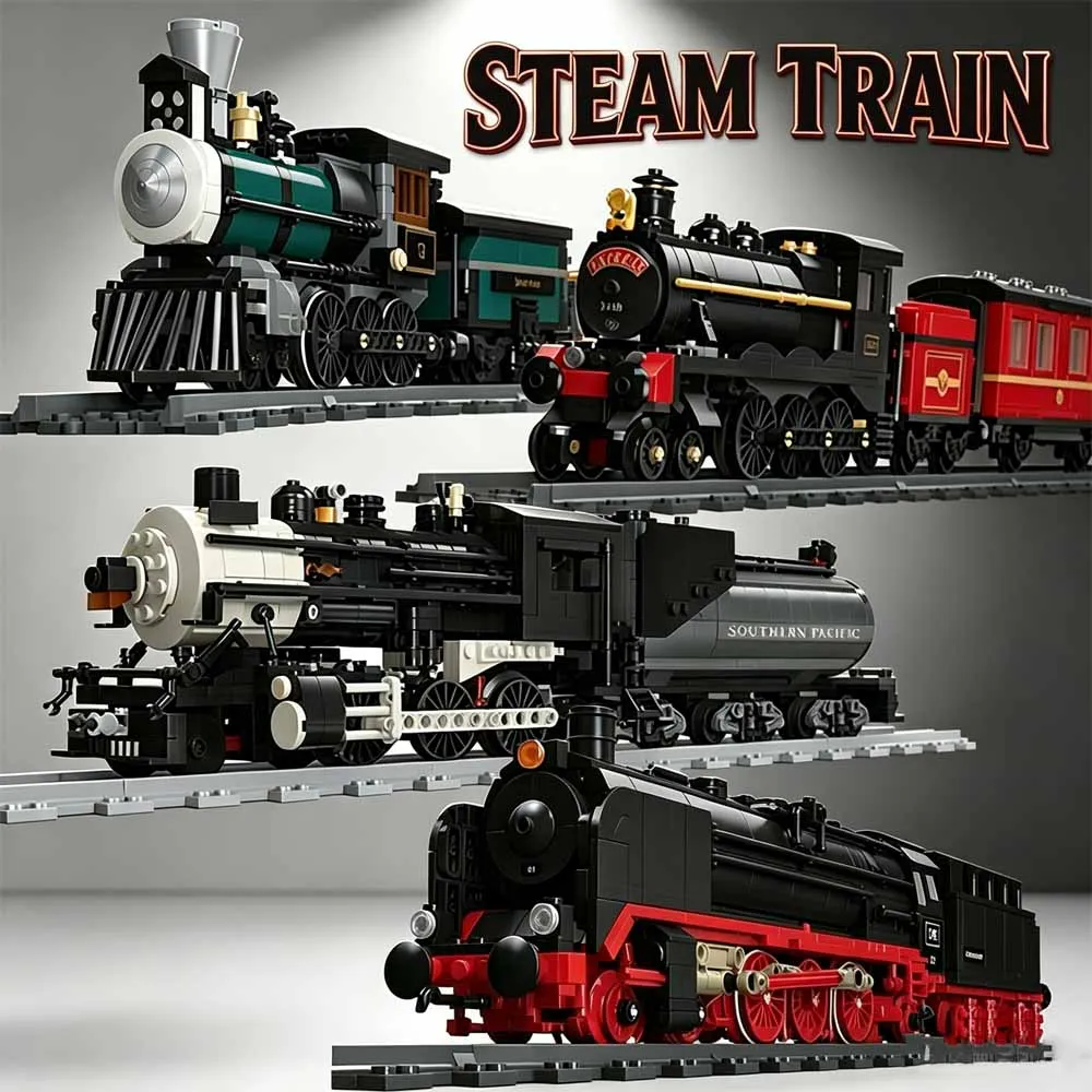 Vintage Steam Train Building Blocks Set Retro Classic Locomotive Bricks Kit Adult Hobby Collectible Display Model Gift
