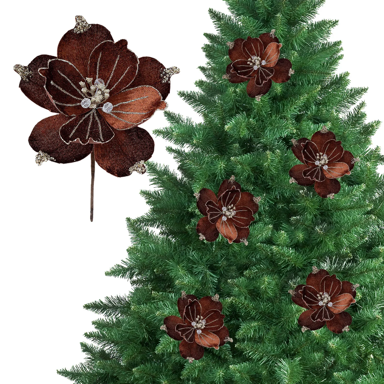 

6pcs 22cm Glitter Christmas Artificial Flower Fabric Xmas Faux Flower For 2025 Christmas Decoration Christmas Tree Home Decor