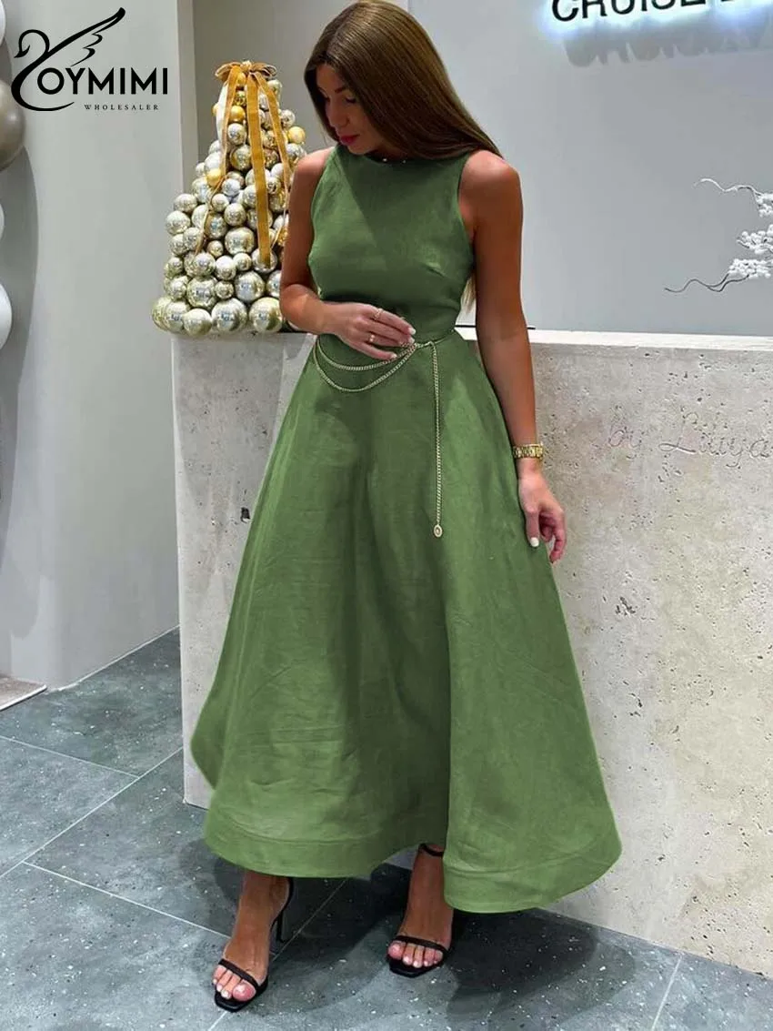 Oymimi Elegant Green Cotton Women's Dress Fashion O-Neck Sleeveless Dresses Casual New High Waist A-Line Mid-Calf Dresses Female