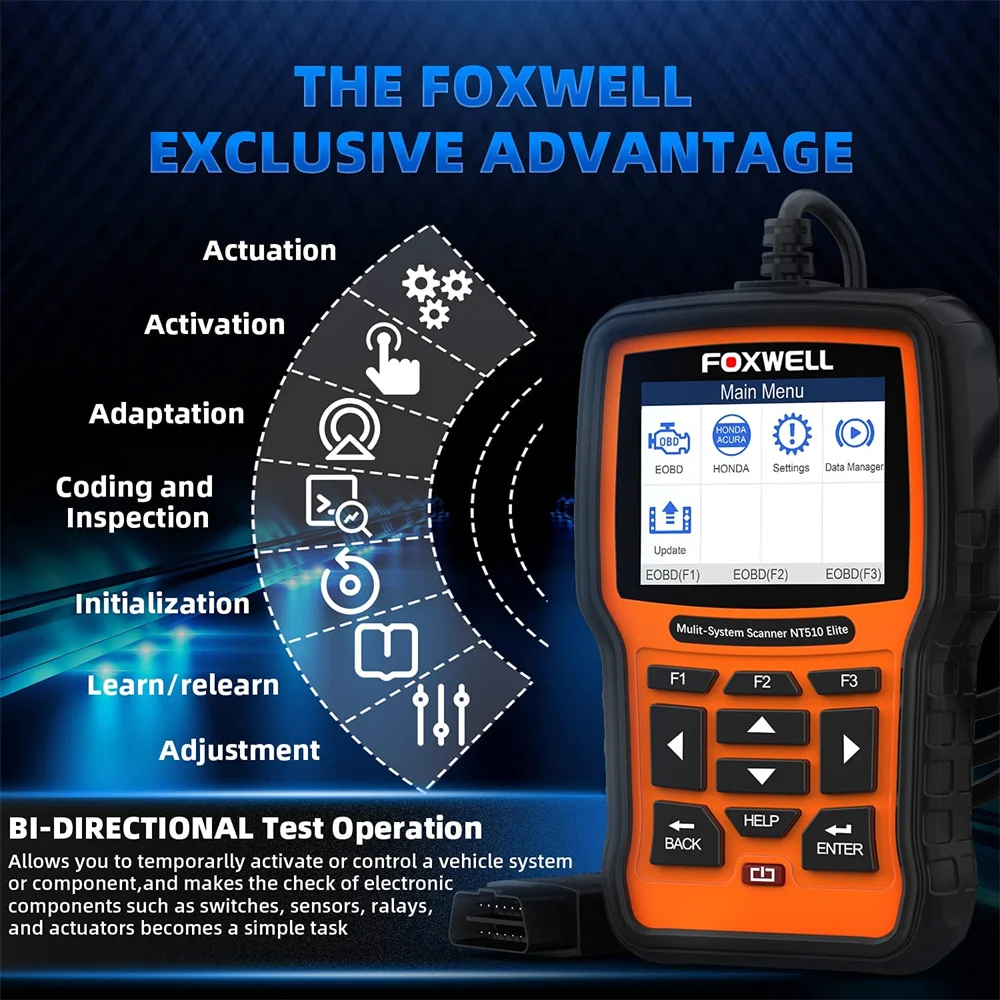 FOXWELL NT510 Elite OBD2 Scanner Full System Code Reader Active Test ECU Coding OBD OBD2 Car Diagnostic Tool Free Update