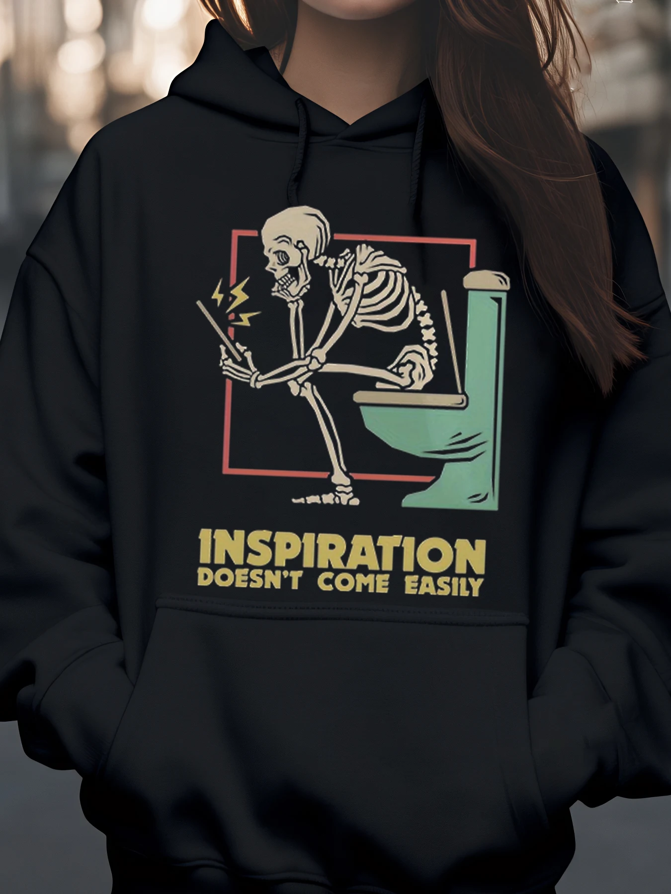 

Вдохновение «Скелет на туалете», толстовка с капюшоном с легким принтом, повседневная одежда на Хэллоуин для женщин