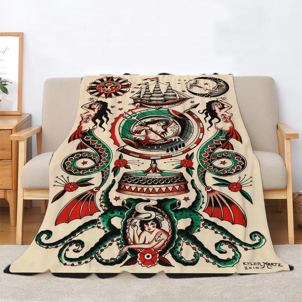 New School Tattoo Designer Throw Blanket Fluffy Throws Blankets for Sofa Luxury Bedding Cotton Blanket King Size Knitted Plaid