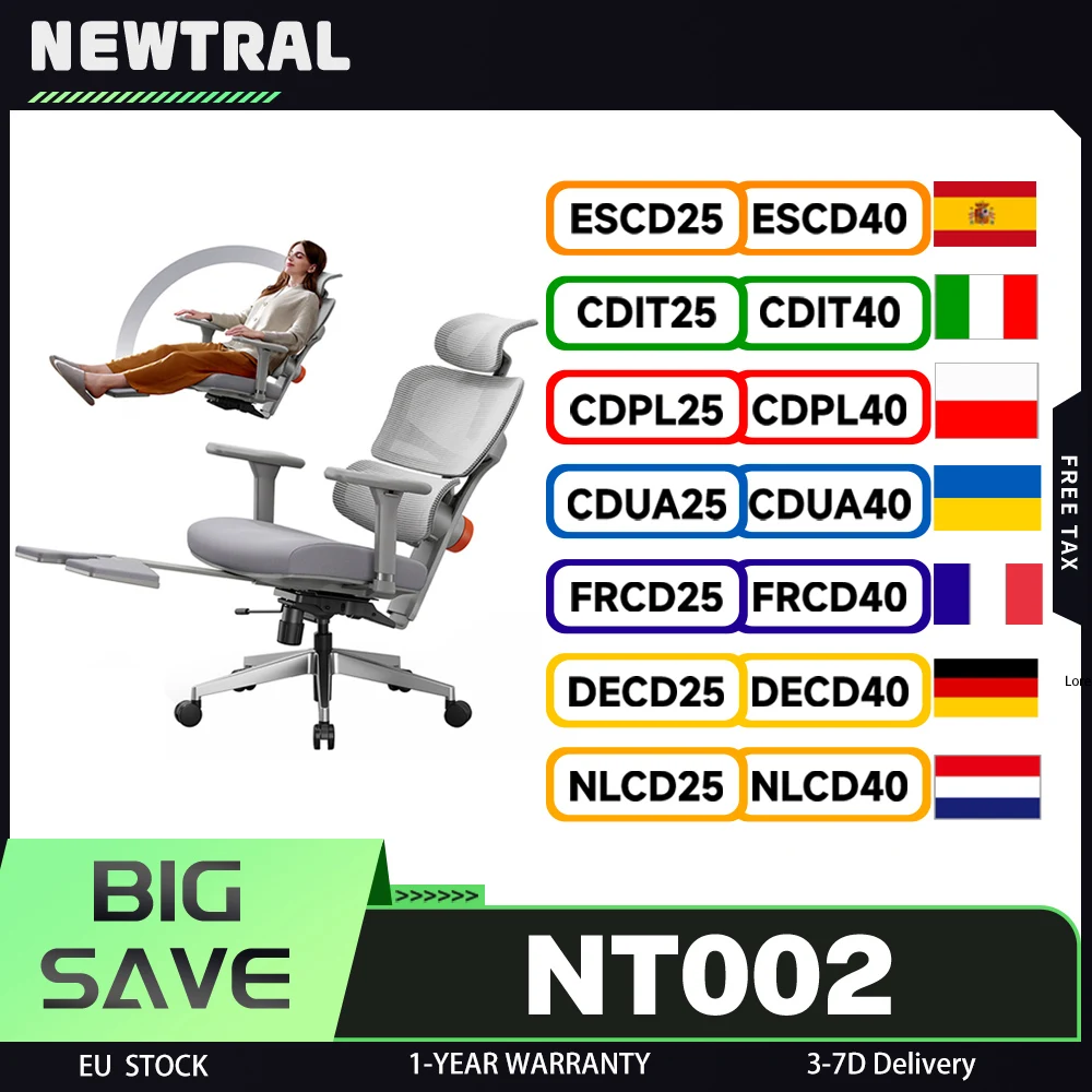 NEWTRAL NT002 Chaise ergonomique, support inférieur adaptatif pour dossier, accoudoir réglable, repose-pieds, gris, accoudoir 4D rembourré