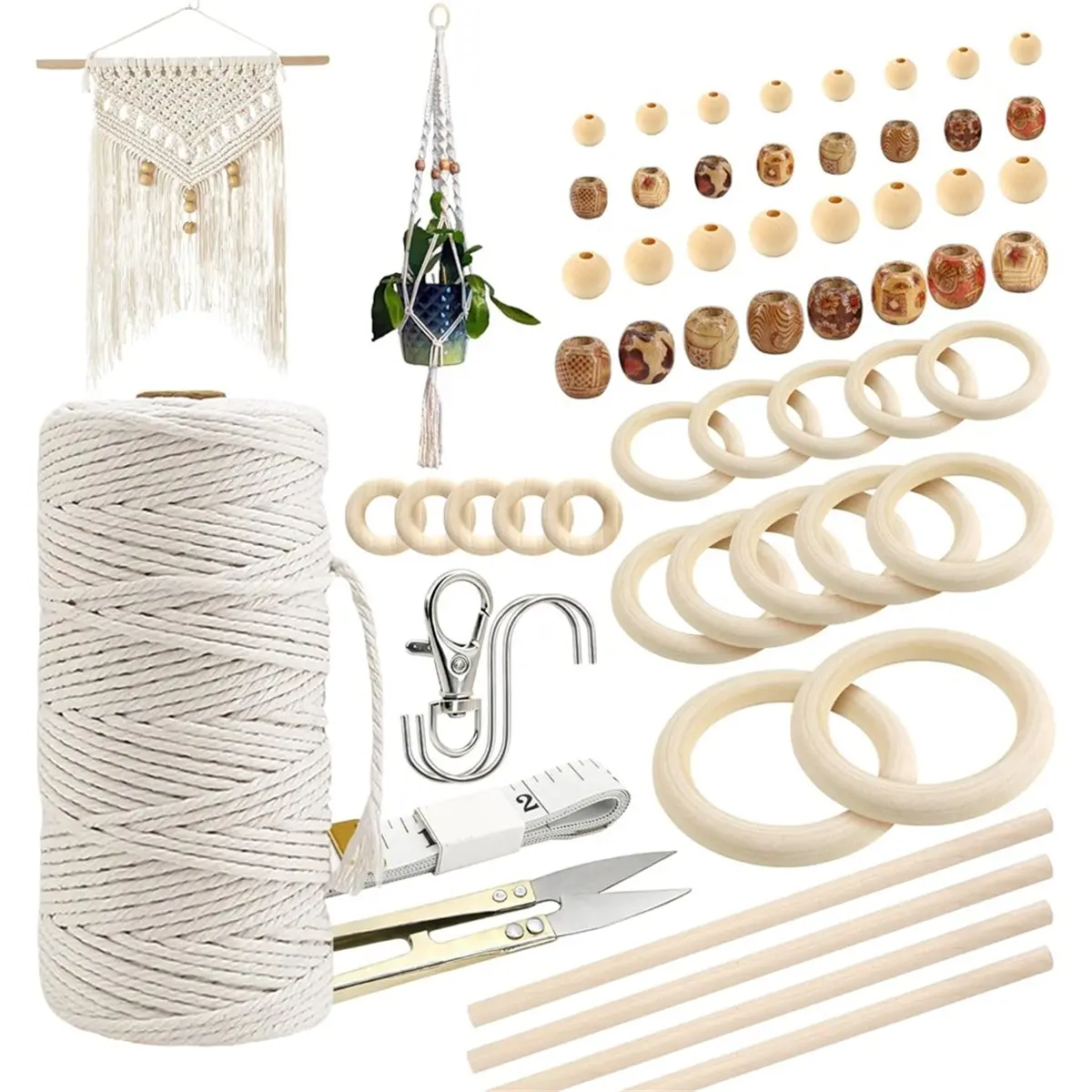 A24I 227pcs Macrame Kits 3mm 115yards Wall Hanging Natural Cotton Macrame Cord for Hanging Plant Hand Tassel Weaving
