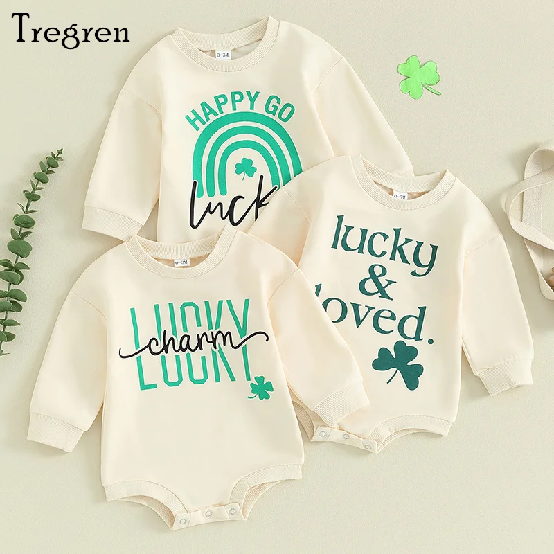 

Tregren 0-18M Infant Baby Irish Festivals Jumpsuit Shamrock&Letter Print Round Neck Long Sleeve Romper Newborn Boy Girl Clothes