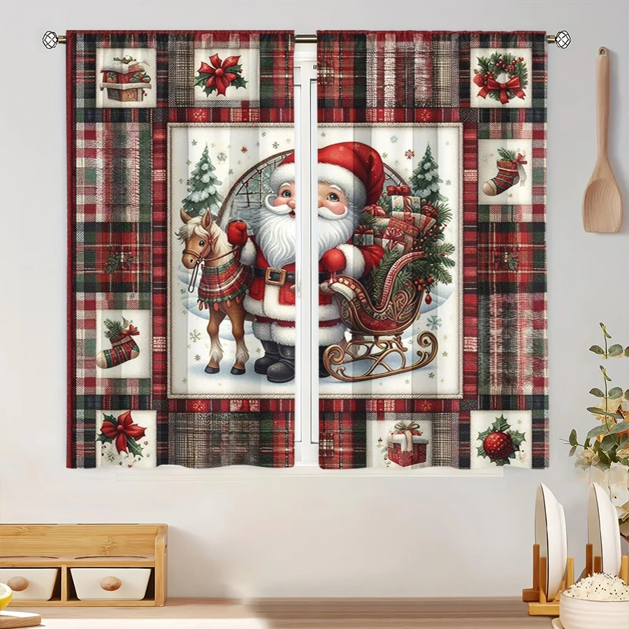 2PCS Digital Print Curtain, Quilted Santa with Sleigh and Horse, Red Plaid Patchwork, Christmas Stockings, for Window Home Decor