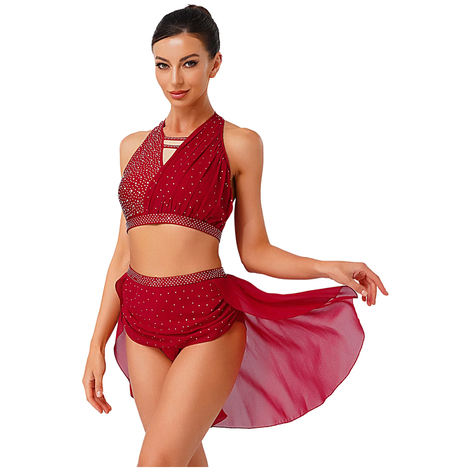 Women Modern Lyrical Dance Outfit Sleeveless Halter Crop Top And Irregular Skirt Rhinestone Gymnastics Skating Ballet Dancewear