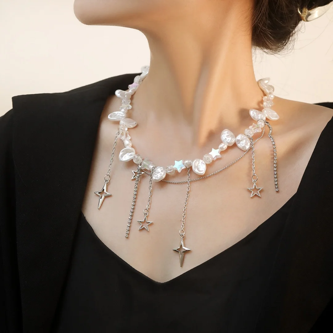 

DUTRIEUX Irregular Imitation Pearls Necklace Women Sweet Cool Cross Star Diamond Necklace Adjustable Elegant Alloy Choker Gift