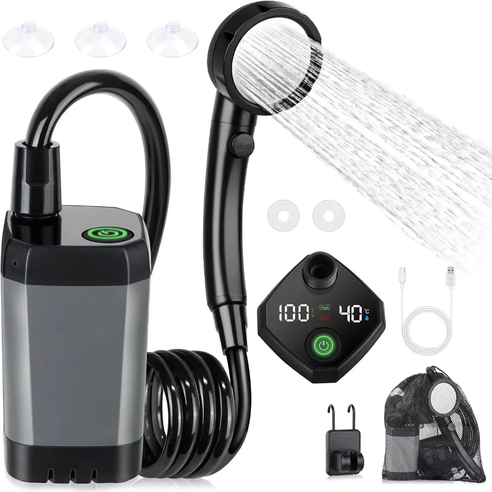 6000mAh Portable Camping Shower Intelligent LED Display Dual Speed Mode Outdoor Shower Set Temperature Display Waterproof