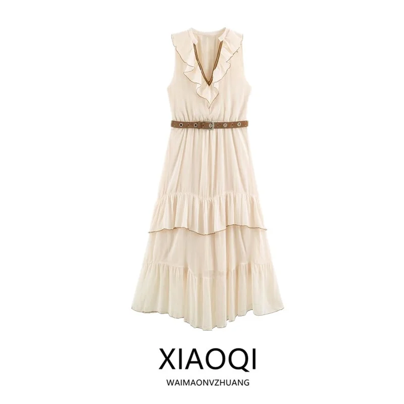 Early Autumn New Arrival Women's Dress V-neck Belted Multi-layered Sleeveless City Commute Casual Style 2026 Summer Collection