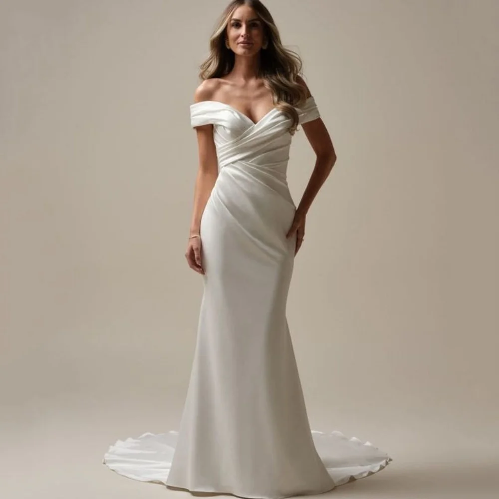 

Customized Wedding Dresses Mermaid V Neck Button Bride Robe Off Shoulder Elegant Bridal Gowns Simple Vestidos De Noiva