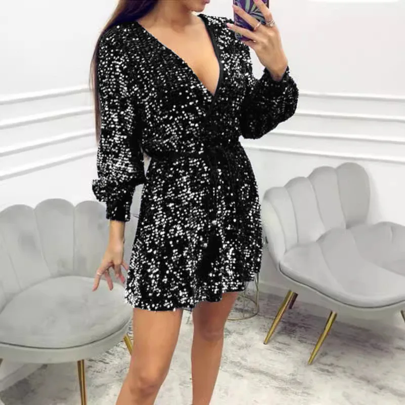 Fashion Glitter paillettes Sharkly Party Dress Womens Sexy Wrap scollo a V Lace-up Mini abito autunno inverno manica lunga a-line Boho Dress