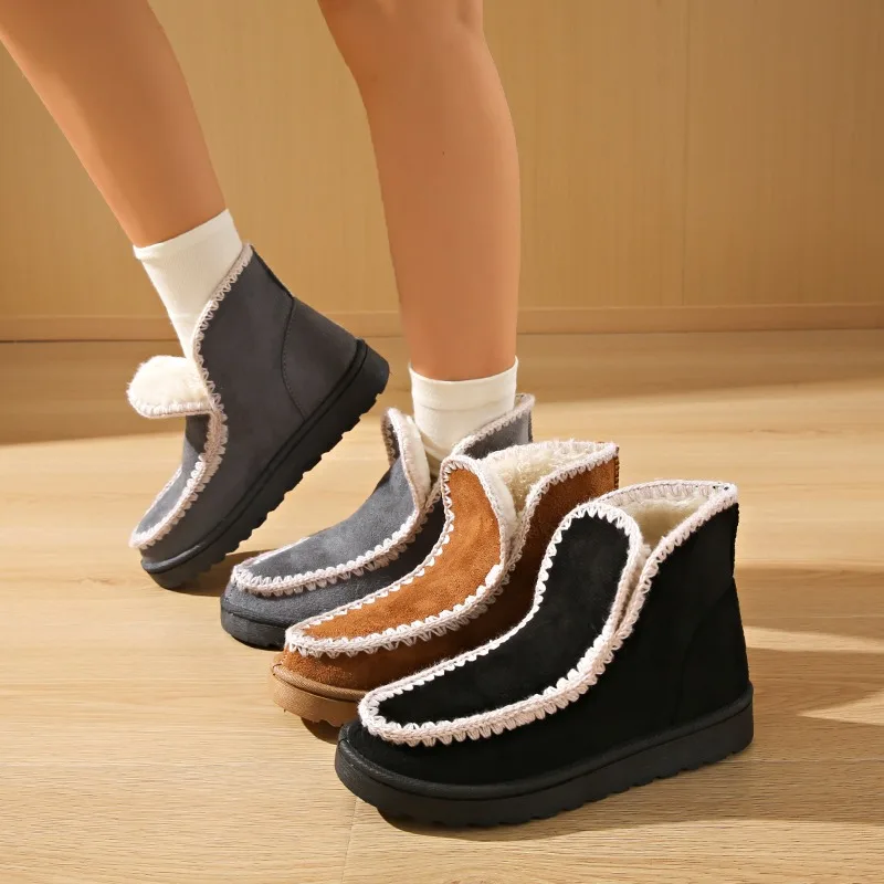 Women Crochet Trim Snow Boots 3.5CM Flat Sole Faux Suede Warm Fleece Lined Round Toe Pull‑On Winter Ankle Daily Footwear