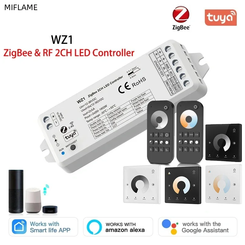 WZ1 Zigbee Led Controller 2CH*5A DC 12V 24V 36V Tuya Smart Life 2.4G RF Wireless Remote for Single Color CCT LED Strip Dimmer