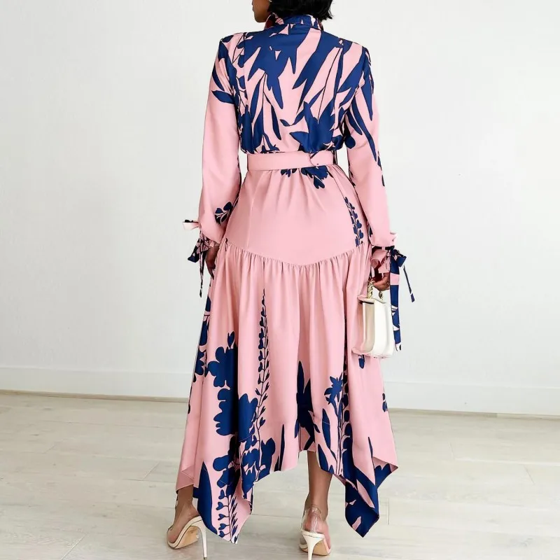 African Print Dresses For Women Big Size Fashion Nigeria African Clothing Lapel Long Sleeve Irregular Long Dress Robe Femme