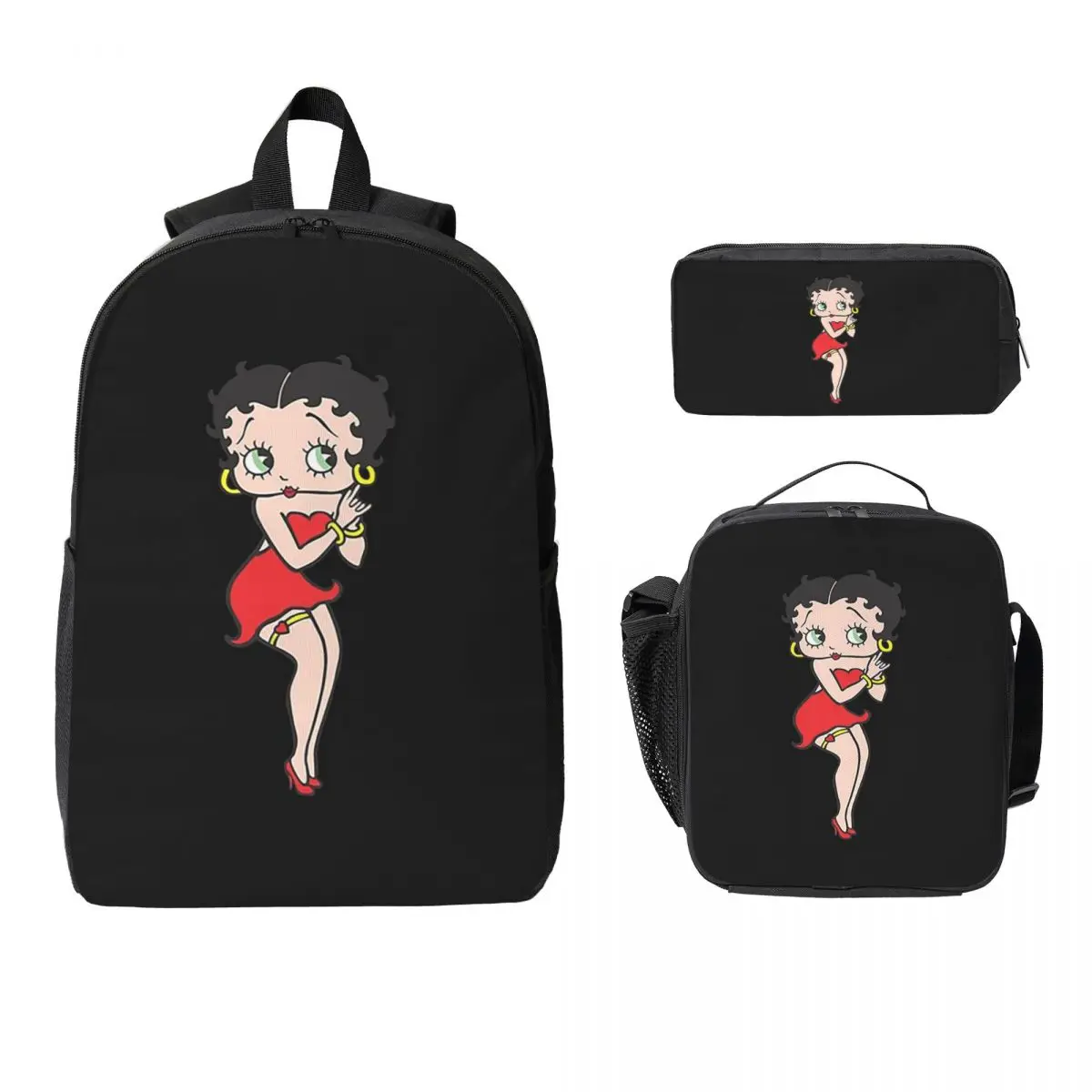 Mochila Betty Boop para estudiantes, niños y niñas, mochila escolar, bolsos de hombro para ordenador, bolsa de almuerzo aislada de 3 piezas, estuche para lápices