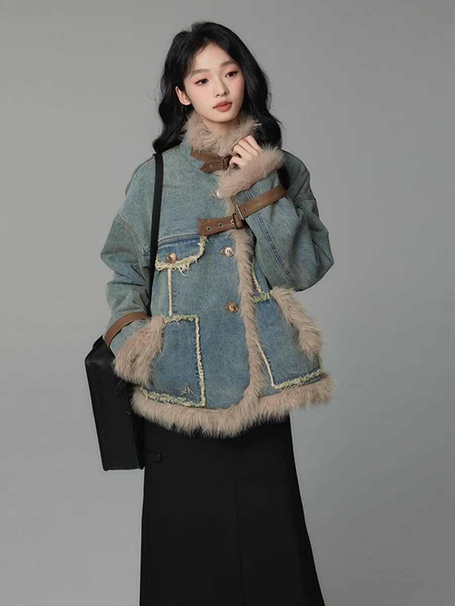 

Джинсовое пальто с капюшоном, меховая плюшевая женская осенняя широкая стеганая винтажная вельветовая куртка-стойка в клетку для колледжа и класса на пуговицах